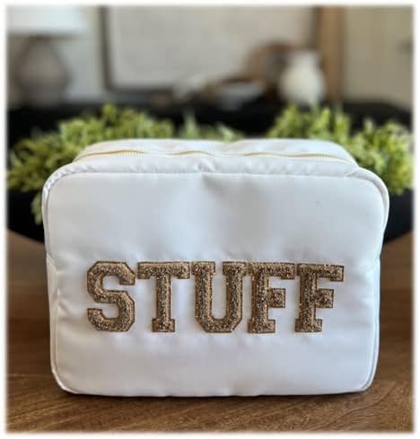 SkyTen Chenille Letter Make Up Bag Nylon Cosmetic Case Stuff Glam Stoney Clover Dupe Travel Organizer (White, X-Large)