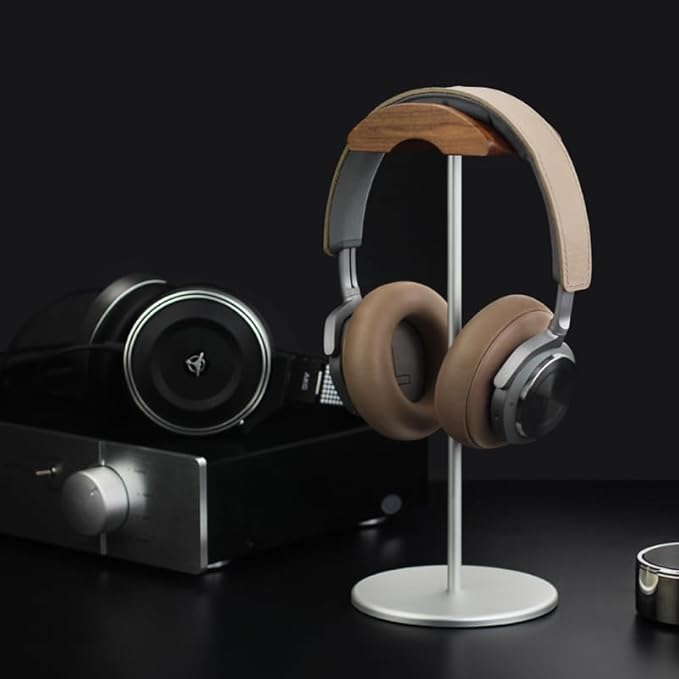 Headphone Stand Headset Holder with Wood and Aluminum Desktop Stand for Desk with Solid Heavy Base for All Headphone Sizes (Silver)