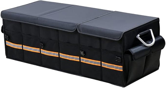 Car Trunk Organizer with Lid, Collapsible Waterproof Multi Compartments Car Storage Organizer with Foldable Cover Reflective Strip for SUV, Truck, Sedan (XLarge)