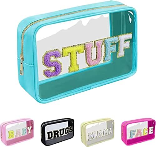 Large Chenille Letters Makeup Bag - Clear Glitter Preppy Patch Stuff Cosmetic Bag for Travel, Beach, Women's Gift (10.62*6.29*3.54 inch, Sky Blue)