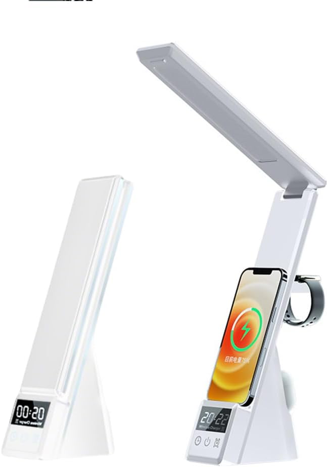 IHAO 6in1 Multifunctional Foldable LED Desk Lamp with Wireless Charger Digital Alarm Clock Eye-Care Lighting 3 Color Modes 15W Qi Charger for Phone/Headphones Compatible with iWatch Charger-N61 White