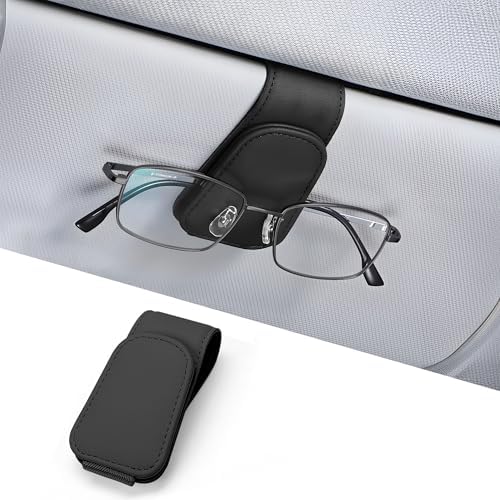 Sunglass Holder for Car, Magnetic Leather Car Sunglass Holder, Visor Sunglasses Holder Clip, Sunglasses Clip for Car Visor, Sunglass Holder for Ticket Card and Different Size Eyeglasses(1 Pack, Black)