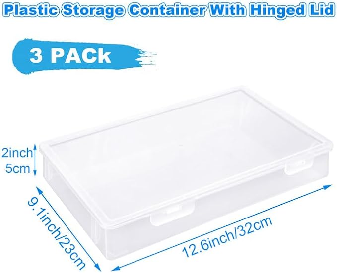 3 Pack Plastic Storage Boxes with Hinged Lids for 8.5" x 11" Letter, 2" Height A4 File Storage Case, Clear Scrapbook Paper Storage Boxes Documents Magazines Holder