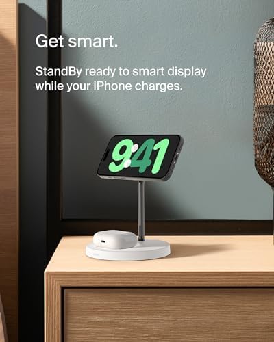 Belkin MagSafe 2-in-1 Wireless Charging Stand for Apple iPhone 17, iPhone 16, iPhone 15, iPhone 14 Series & AirPods - MagSafe Fast Charging Station for Multiple Devices - Black (Certified Refurbished)
