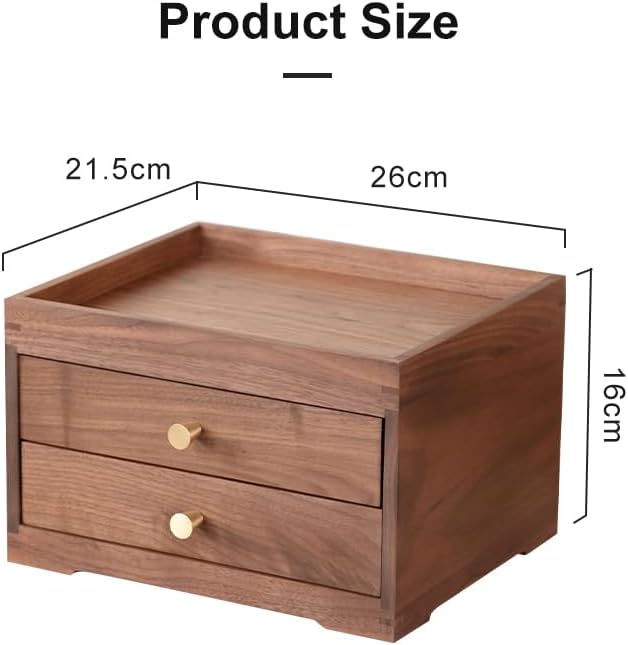 Solid Walnut Wood Desk Drawer Organizer – 1/2 Tier Desktop Storage Box with Drawers for Stationery, Makeup, Jewelry, Remote Control (Double)