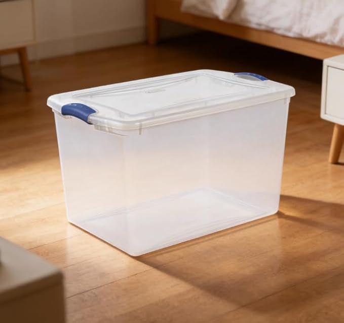 66-quart large-capacity transparent storage box with a safety lock lid, blue plastic container, sturdy and durable, minimalist style, suitable for bedroom storage.