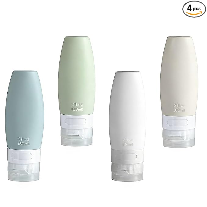 4 PCS Silicone Travel Bottles, 2oz Refillable Toiletries Containers Set, Small Empty Travel Size Bottles for Shampoo, Lotion, Shower Gel (Morandi)