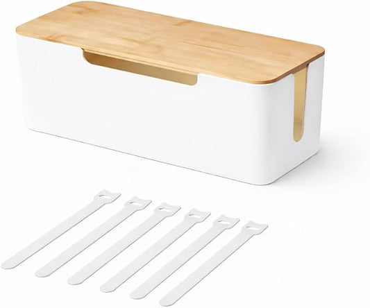 Cable Management Box Wooden Style Cord Organizer and Cover for TV Wires, Computer, Router, USB Hub and Under Desk Power Strip Safe ABS Material and Baby-Pets Proof Lock (White, 12x5.5x5 Inch)