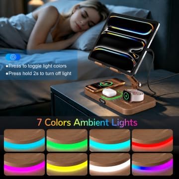 Magnetic Charging Station for Apple Multiple Devices, Wireless Charger with Clock & Light, Foldable Wired Charging Stand for iPad/Tab, Mag-Safe Charger for iPhone 17, for Apple Watch for AirPods
