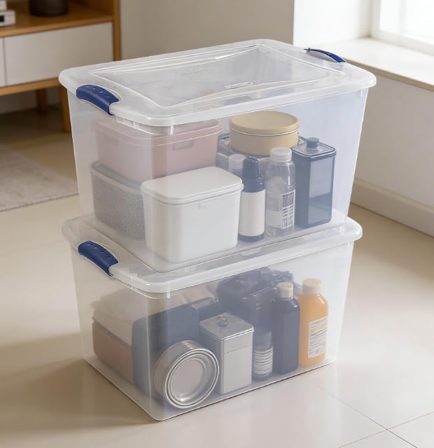 66-quart large-capacity transparent storage box with a safety lock lid, blue plastic container, sturdy and durable, minimalist style, suitable for bedroom storage.