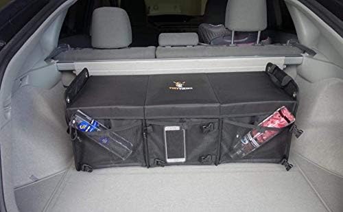 Tuff Viking Convertible Large 3 Compartment SUV Trunk Organizer | Truck Bed Organizer with Cover for Trucks, Cars, SUVs and Groceries. PATENTED (4-in-1 with Cover, Black)