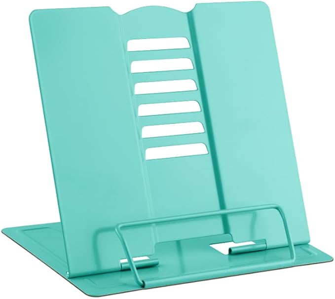 MSDADA Small Desk Book Stand Metal Reading Rest Book Holder Adjustable Cookbook Documents Holder Portable Sturdy Bookstands for Recipes Textbooks Tablet Music Books(Light Green)