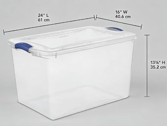 66-quart large-capacity transparent storage box with a safety lock lid, blue plastic container, sturdy and durable, minimalist style, suitable for bedroom storage.