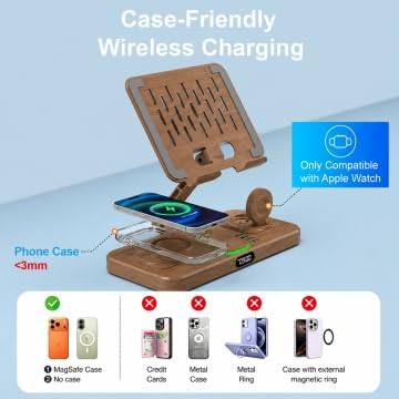 Magnetic Charging Station for Apple Multiple Devices, Wireless Charger with Clock & Light, Foldable Wired Charging Stand for iPad/Tab, Mag-Safe Charger for iPhone 17, for Apple Watch for AirPods