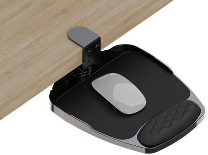 Clamp-on Mouse Tray Under Desk Adjustable Clamp Rotating Wrist Mouse Extended Holder for Desks Computer Platform Tray Padding Arm Rest Pad Black