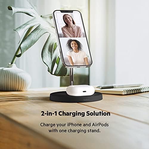 Belkin MagSafe 2-in-1 Wireless Charging Stand for Apple iPhone 17, iPhone 16, iPhone 15, iPhone 14 Series & AirPods - MagSafe Fast Charging Station for Multiple Devices - Black (Certified Refurbished)