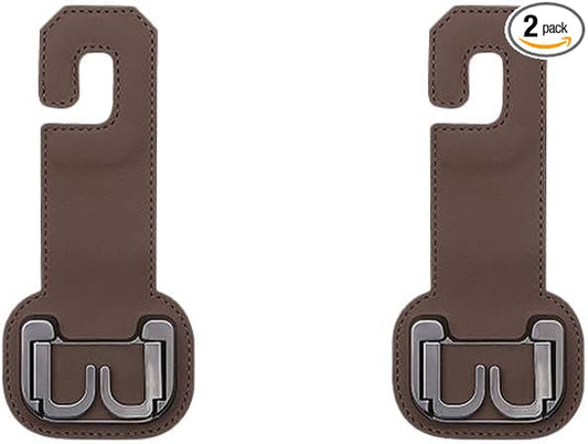 2PCS Car Seat Back Storage Hook, Foldable Metal Vehicle Headrest Dual Hook for Purses Handbags Groceries, Multifunctional Auto Interior Hanger Accessories, Universal Fit (Brown)