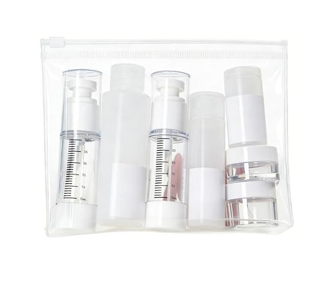 7 PCS Travel Size Bottles for Toiletries， Travel Bottles Set,Leak Proof Toiletry Containers with Graduated Vacuum Atomizer for Shampoo Lotion and Cosmetics