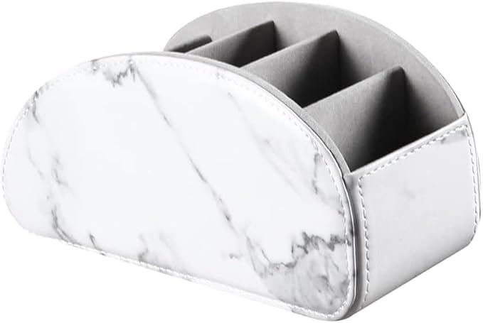 Arnice PU Leather Remote Holder, Arc Shape Caddy Desktop Organizer with 5 Spaces for TV, DVD Remotes, Media Controllers, Pen, Pencil, Office Supplies (White)