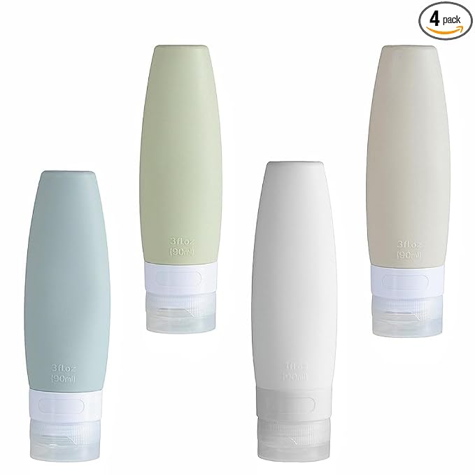 4 PCS Silicone Travel Bottles, 3oz Refillable Toiletries Containers Set, Small Empty Travel Size Bottles for Shampoo, Lotion, Shower Gel (Morandi)