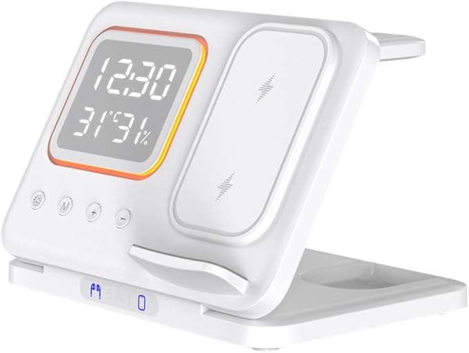 IHAO 5in1 Multi Functional Wireless Charging Station Digital Clock 15W Fast Charging Temperature Display Wireless Charger for All Qi Phone and TWS Headphone Compliant with Apple Watch-DH15 White