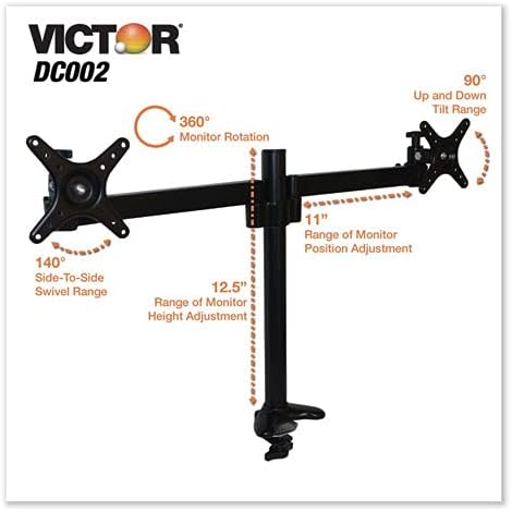 Monitor Mount with Single and Dual Monitor Arm Components, Attaches Using Grommet or Clamp Fixture, VESA Bracket, Black, Victor DC002
