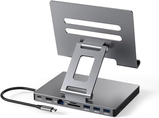 iPad USB C Hub Stand, 9-in-1 Multiport Adapter for iPad Pro M4 M3 M2 13 12.9 11 Inch Docking Station Foldable with 4K60Hz HDMI, RJ45 Gigabit Ethernet, SD/TF Card Reader, USB 3.0, 3.5 mm Audio