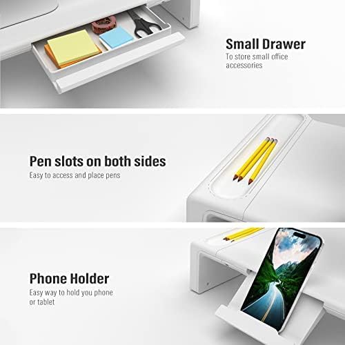 OImatser Monitor Stand Riser 3.0 USB HUB, Type-C Data Port, Foldable Computer Monitor Riser, Adjustable Length Computer Stand and Storage Drawer & Pen Slot, Phone Stand for Computer (White-3.0 HUB-Adapter)