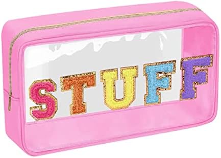 Large Clear Chenille Letters Makeup Bag for Travel,Beach, Clear Glitter Preppy Patch Stuff Cosmetic Bag,Clear Toiletry Stuff Pouch for Women for Valentines Day Gifts (10.62*6.29*3.54 inch,Pink)