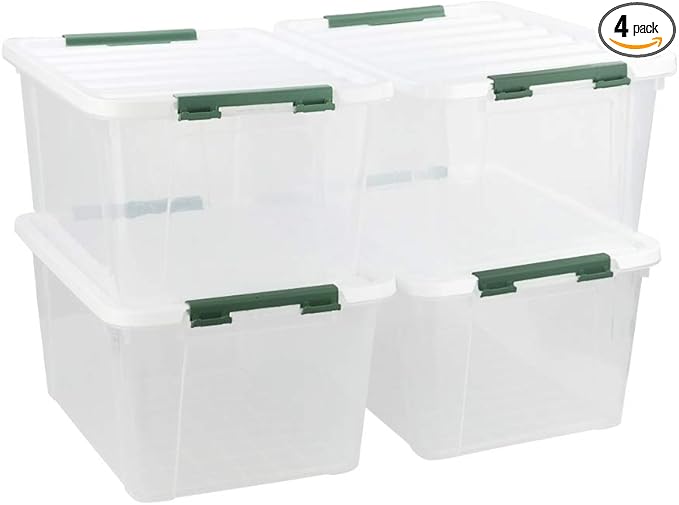 Gloreen 35 Quart Clear Storage Bins with Lid and Handle, Multipurpose Stackable Plastic Storage Latches Box/Containers,set of 4