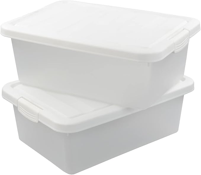 14 Quart Clear Storage Box, Underbed Plastic Latch Box with White Lids, 2-Pack
