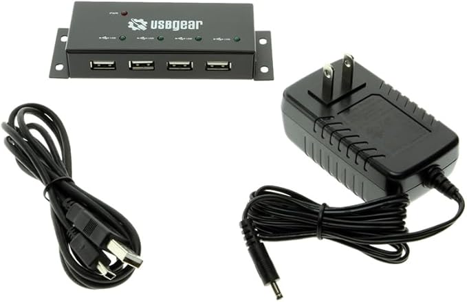 USBGear 4 Port USB 2.0 Mini Metal Hub with Mounting Flanges, 480Mbps Data Transfer, LED Port Indicators, Includes Power Adapter