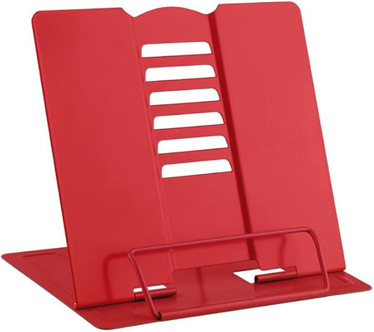 MSDADA Small Desk Book Stand Metal Reading Rest Book Holder Adjustable Cookbook Documents Holder Portable Sturdy Bookstands for Recipes Textbooks Tablet Music Books(Red)