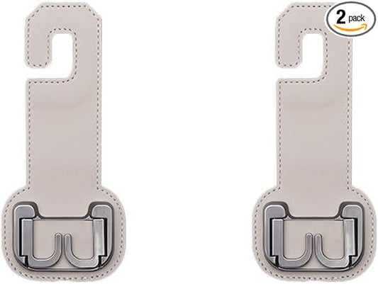 2PCS Car Seat Back Storage Hook, Foldable Metal Vehicle Headrest Dual Hook for Purses Handbags Groceries, Multifunctional Auto Interior Hanger Accessories, Universal Fit (Beige)