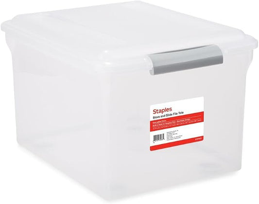 STAPLES Store & Slide Plastic File Box Latching, Letter/Legal Size, Clear, 4/Carton