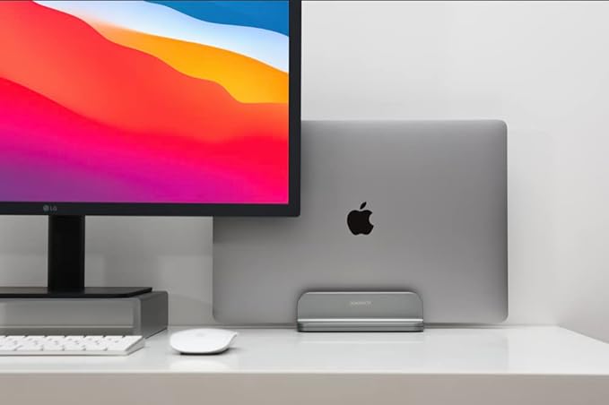 JOKItech Aluminum Laptop Vertical Stand Organizer, Sturdy Laptop Computer Holder Desktop Stand Compatible with new Retina Apple MacBook Pro/Air/Neo, Mac mini & iPad Pro - Spacegrey
