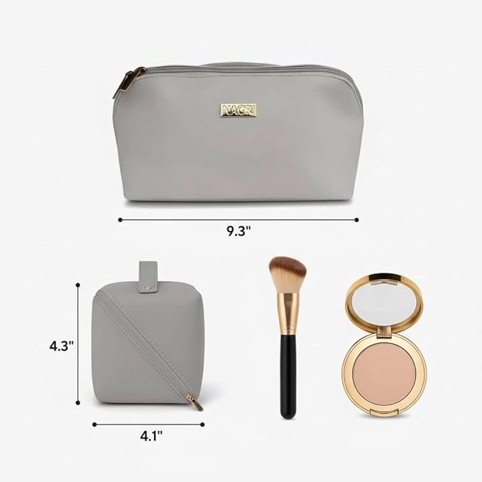 NAORI Travel Makeup Bag for Women | Large Luxury Cosmetic Organizer with Handle & Inner Pockets | Waterproof Faux Leather Toiletry Bag | Makeup Case for Home, Travel & Gifting (Soft Grey)