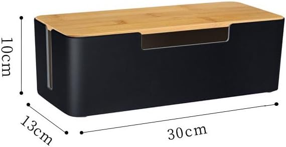 ABS Cord Organizer Box with Wooden Lid, Cable Management Box for Power Strips or Surge Protectors, Desk Cable Tidy Box for Office Home(Black)