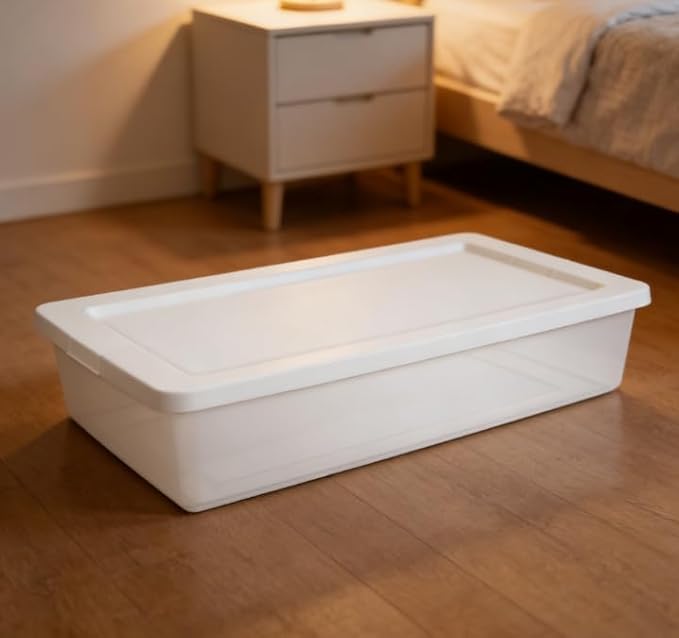41 Quart Clear Storage Box with White Snap-On Lid, Plastic Storage Bin