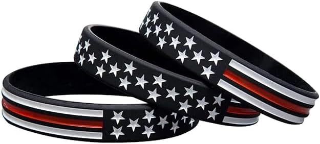Black & Gray American Flag Engraved, Minimalist Wallet, RFID Blocking Aluminum Slim Wallet (Red Strap with 3 V. Band)