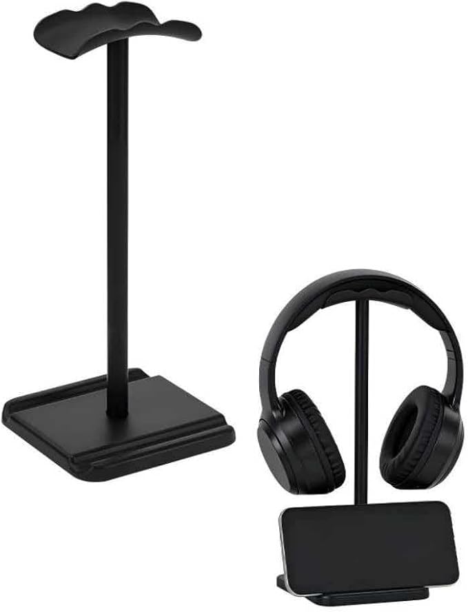 Headphone Stand, Headset Holder with Phone Holder for Desk Office Gaming, TPU-Padded Headrest, Aluminum Pole, Anti-Slip ABS Base, Universal Earphone Stand, 1 Pack Black