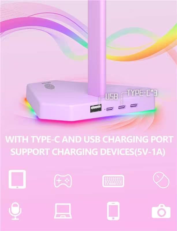 RGB Headphones Stand with 1 USB-C Data Transmission& 3 Type-C Charging Port, Desk Gaming Headset Holder with 7 Light Modes and Non-Slip Rubber Base (Purple)