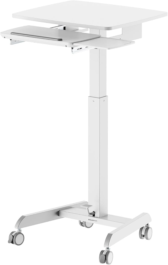 Mount-It! Height Adjustable Rolling Laptop Desk with Keyboard Tray, Mobile Sit-Stand Computer Cart with Wheels, Small Standing Desk for Home, Office, or Classroom, 23.6" x 20.5", White