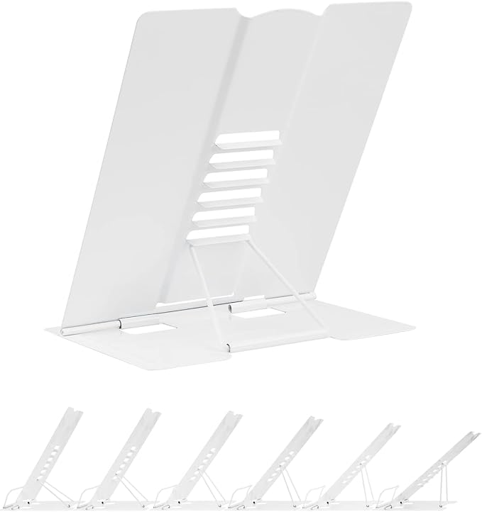 Large Book Stand Metal for Reading, Desktop Book Holder Adjustable Document Cookbook Holder Portable Bookstands for Textbooks Tablet Music Books Recipe (White)