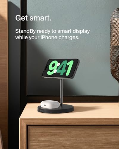 Belkin MagSafe 2-in-1 Wireless Charging Stand for Apple iPhone 17, iPhone 16, iPhone 15, iPhone 14 Series & AirPods - MagSafe Fast Charging Station for Multiple Devices - Black (Certified Refurbished)