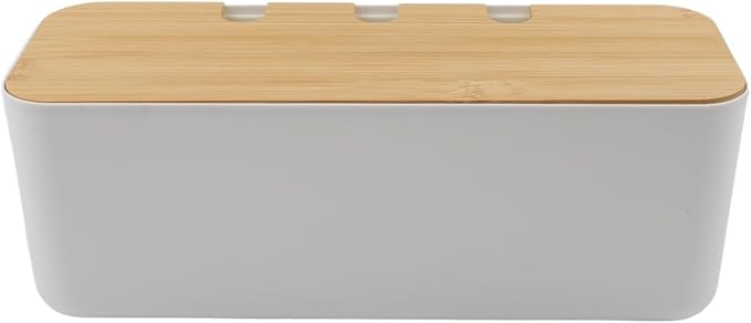 FABULETTA Desktop Cord Organiser Box with Wooden Lid, Cable Management Solution for Power Strip Hider, ABS Plastic Wire Storage Container and Junction Box Cover for Home Office Use(white)