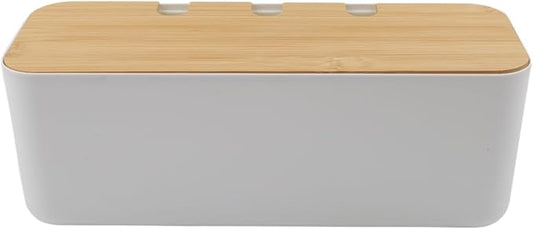 FABULETTA Desktop Cord Organiser Box with Wooden Lid, Cable Management Solution for Power Strip Hider, ABS Plastic Wire Storage Container and Junction Box Cover for Home Office Use(white)