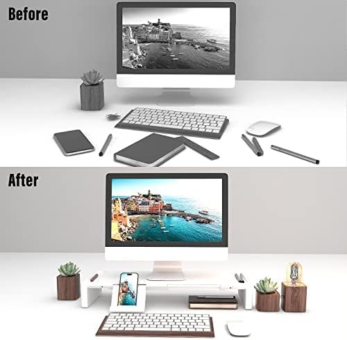 OImatser Monitor Stand Riser 3.0 USB HUB, Type-C Data Port, Foldable Computer Monitor Riser, Adjustable Length Computer Stand and Storage Drawer & Pen Slot, Phone Stand for Computer (White-3.0 HUB-Adapter)