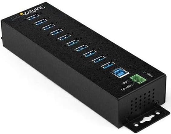 StarTech.com 10-Port USB 3.0 Hub with Power Adapter - Metal Industrial USB-A Hub with ESD & 350W Surge Protection - Din/Wall/Desk Mountable - High Speed USB 3.0 (5Gbps) - (5Gbps) Hub, TAA