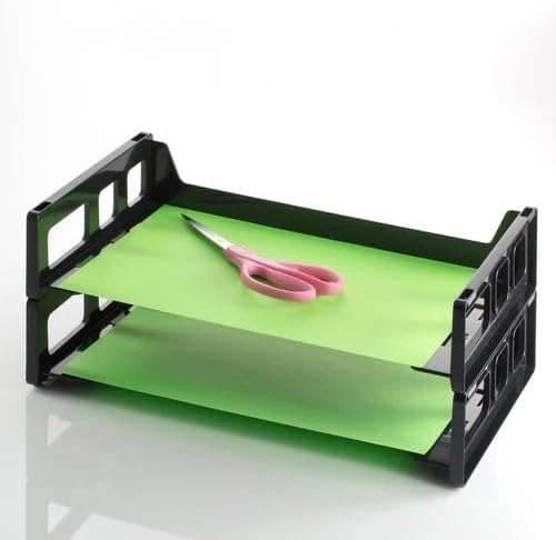 Stackable Desk Tray Organizer Black - Plastic Paper Tray for Letter Size Documents, Desktop File Organizer with 2 Sections, Home, Office, School Desk Paper Organizer - Pack of 2